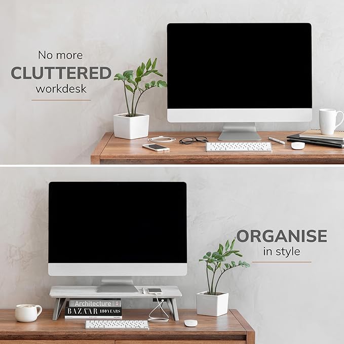 Anji Mountain Monitor Stand - Desktop Organizer & Laptop Riser, Ergonomic Monitor Riser, Space-Saving Monitor Stand for Desk, Durable Construction, Easy Assembly, Ideal for Home & Office,White Wash