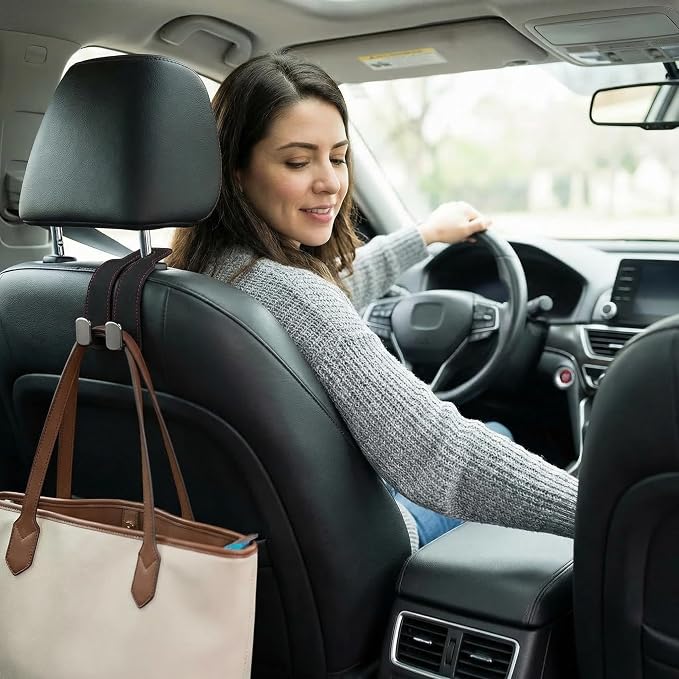 2026 car wallet hook, car headrest hook, double hook leather car seat hook, car seat headrest hook, car seat backrest storage hook, seat backrest storage hook (gray)