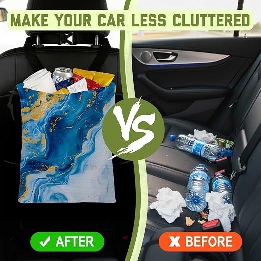 Car Trash Bag Abstract Blue Gold Fluid Marble Leak-Proof Waterproof Car Garbage Bag with Drawstring Foldable Canvas Trash Bin with Adjustable Buckle for Car Accessories