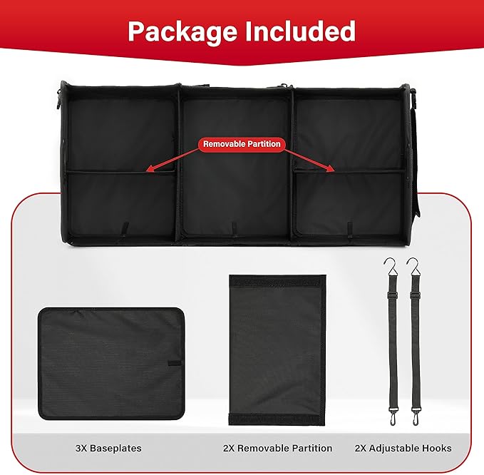 Simple Deluxe Trunk Organizer for Car, 95L Large Capacity, Collapsible Multi Compartment Automotive SUV Accessories, Adjustable Strap & Non Slip Bottom, for Travel/Home/Office, Black Newv