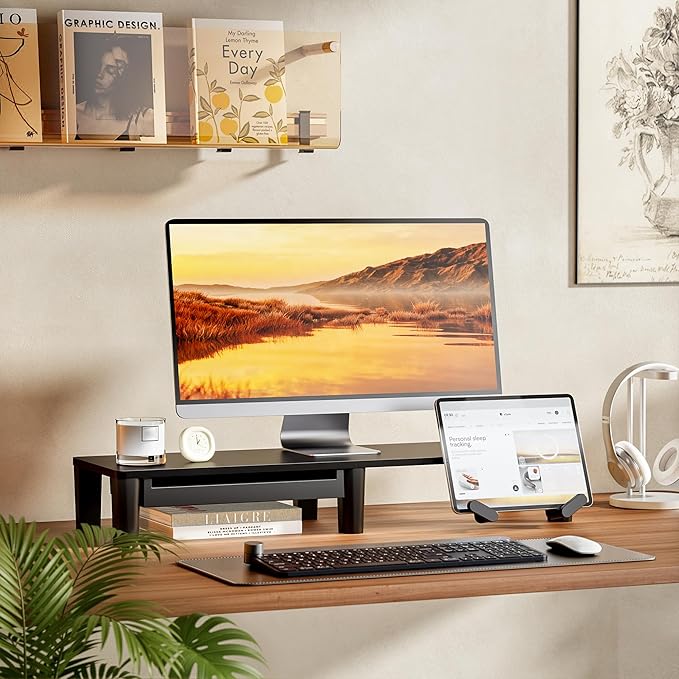 PEGZONE Monitor Stand Riser for Desk, Ergonomic Computer Riser with Storage Drawer, Desktop Shelf Organizer for PC, Laptop, Desk Computer Riser For Home Office