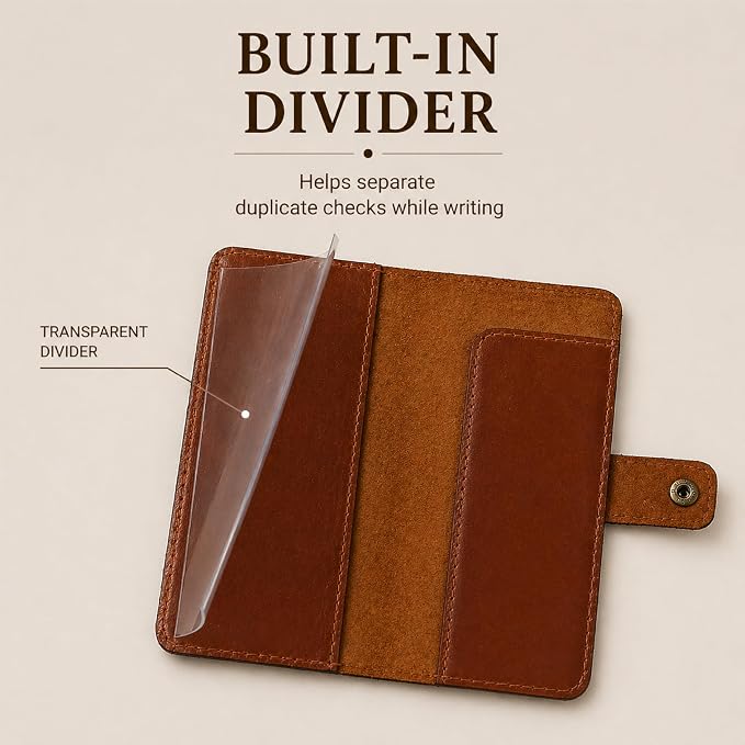 Genuine Tan Leather Checkbook Cover - Handmade Check Holder with Divider & ID Window, Slim Organizer Wallet for Business, Travel & Everyday Use, 3.5 x 7 inch