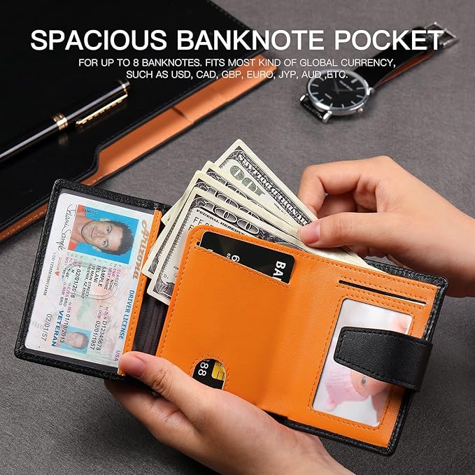 SENDEFN Wallet for Men Pop Up Wallet with Coin Pocket Credit Card Holder With ID Window RFID Blocking Leather Wallet Men's Card Case Minimalist Design
