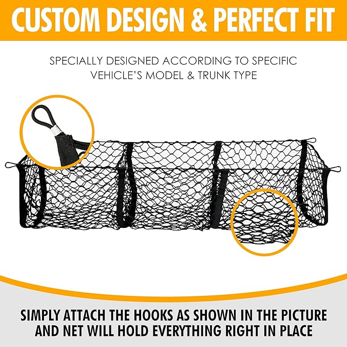 3 Pocket Style Elastic Trunk Cargo Net for Hyundai Santa Cruz 2022-2025 - Premium Trunk Organizers & Storage - Cargo Net for Pickup Truck Bed - Truck Bed Divider - Car Organizer for Pickup