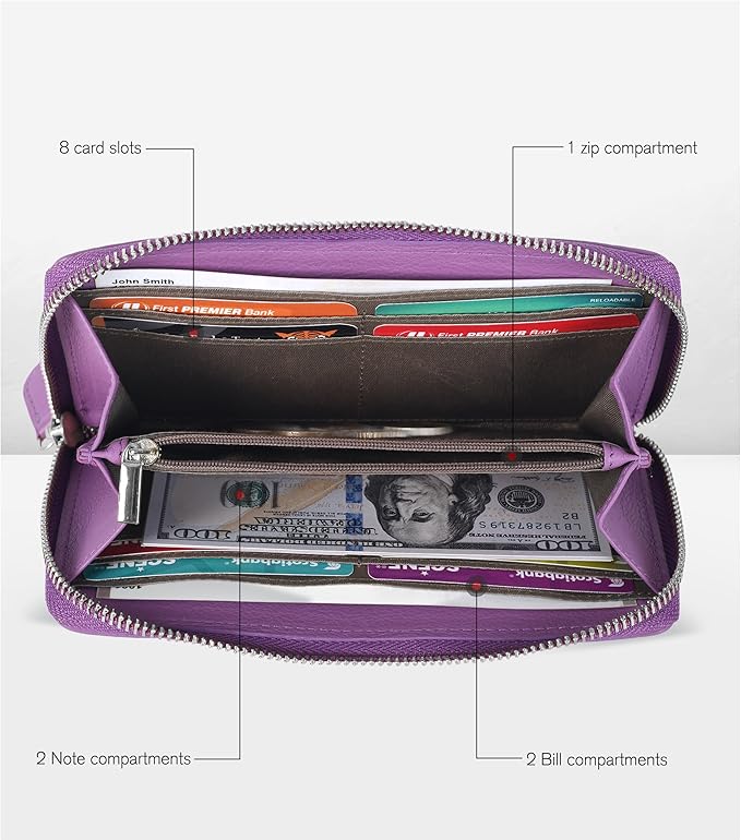 Oak Leathers Purple Leather Wallet for Women - RFID Womens Wallet Clutch with 8 Credit Card Holder, Coin Pocket, Gift for Women’s