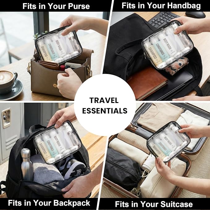 Travel Bottles for Toiletries 14PCS 3.4oz Pre-Printed Shampoo, Conditioner, Body Wash, Wide Mouth Containers TSA Approved 2oz Travel Spray Bottle Leak Proof 0.35oz Plastic Cream Jars(White)