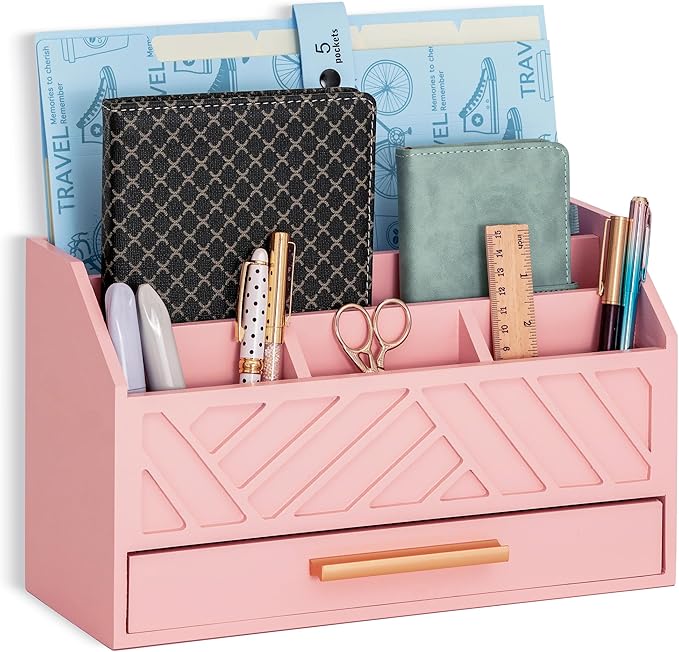 Pink Wood Desk Organizer and Accessories with Drawer, Bill Mail Organizer and File Mail Holder for Office Supplies, Modern Desk Accessories & Workspace Organizers for Desk Organization