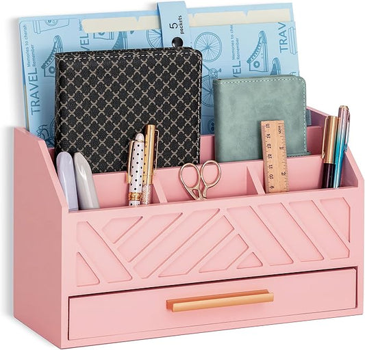 Pink Wood Desk Organizer and Accessories with Drawer, Bill Mail Organizer and File Mail Holder for Office Supplies, Modern Desk Accessories & Workspace Organizers for Desk Organization