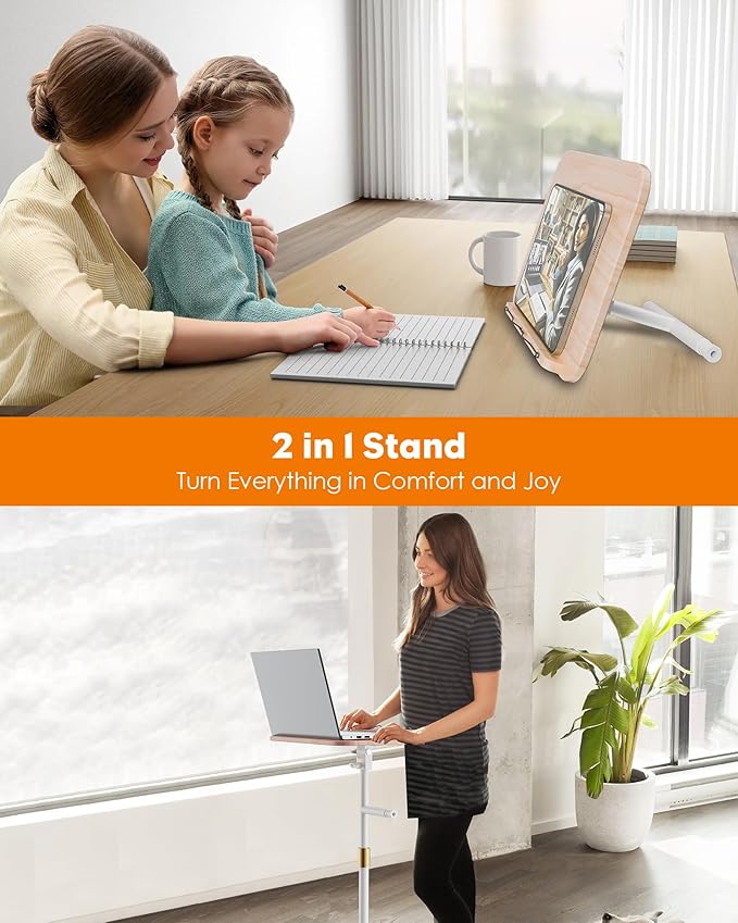 aboutool 2 in 1 Dual-use Floor Book Stand & Desktop Book Stand,Height Adjustable from 33-63in, Adjustable Book Holder with Elastic Page Clips for Music Scores, Recipe, Tablet, Laptop(White)