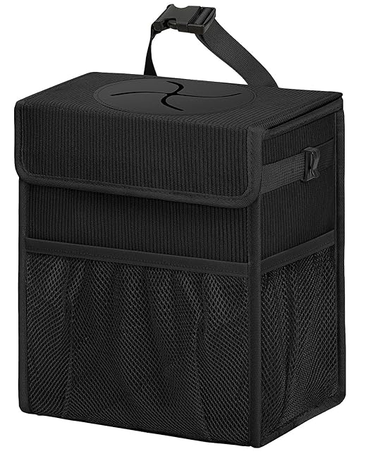 Corduroy Car Trash Can with Lid and Mesh Pockets - Leakproof Organizer,Multipurpose Waterproof Garbage Can/Trash Bin for Car(Black-2 Gallons)