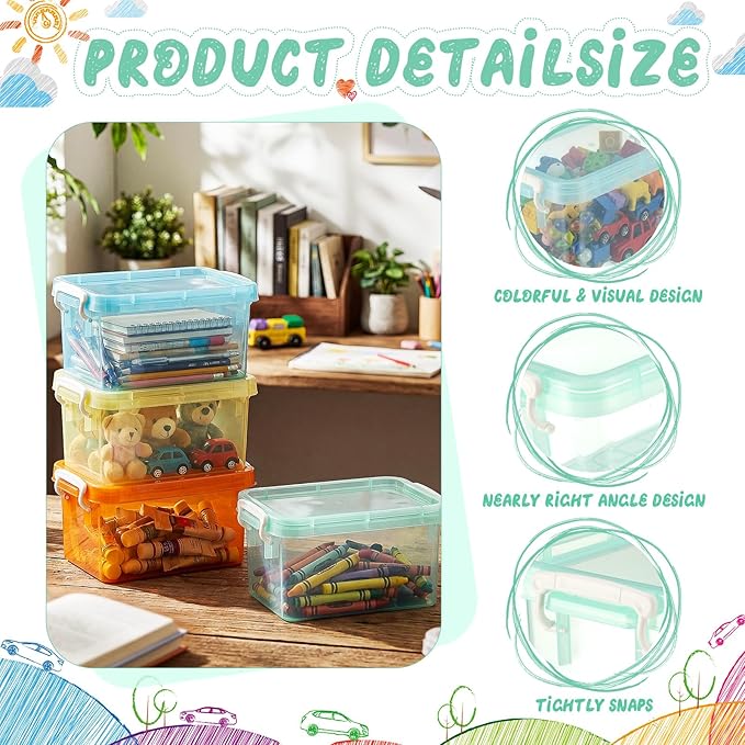 Wenqik 6 Pack Colorful Plastic Storage Bins with Lids 4 Quart Small Storage Latch Box Stackable and Nestable Clear Organizer Bins with Latching Handle and Buckle for Organizing (Mondrian)