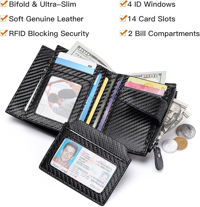 FALAN MULE Wallet for Men Genuine Leather RFID Blocking Mens Wallet with Zipper Coin Pocket ID Window