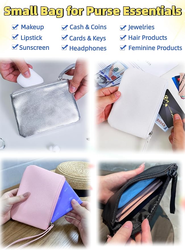2 Pack Small Zipper Pouch Mini Makeup Bag for Purse Lipstick Cosmetic Travel Make Up Organizer for Women Essentials, Car Change Coin Holder 4.5 x 6.5 Clutch Stadium Approved Wristlet, White