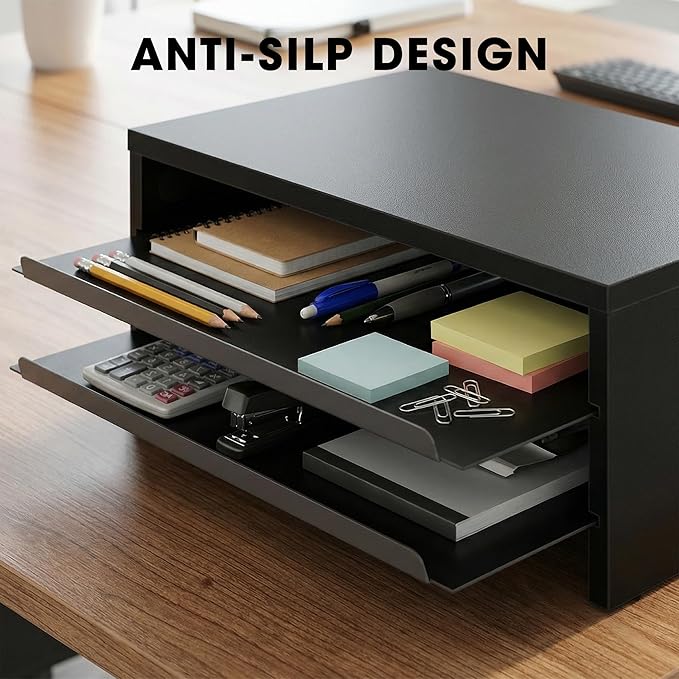 Fenge Monitor Stand, 3-Tier Monitor Riser with Slide-Out Tray, Wooden and Metal Desktop Organizer for Home Office, Computer, Laptop, Printer, Telephone
