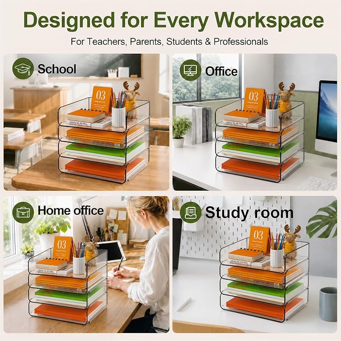 FANXIYQ 4-Tier Acrylic Paper Tray Organizer - Low-Profile Desk File Sorter for Office/Home, Clear Stackable Letter Tray for Bills, Crafts, Notebooks