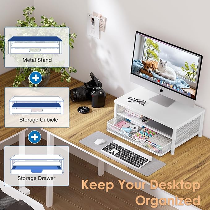 OPNICE Computer Monitor Stand Riser, Desk Organizer with Drawer, Printer & Laptop Stand, Office Desk Accessories & Workspace Desktop Organizers Storage for Office Supplies(White)