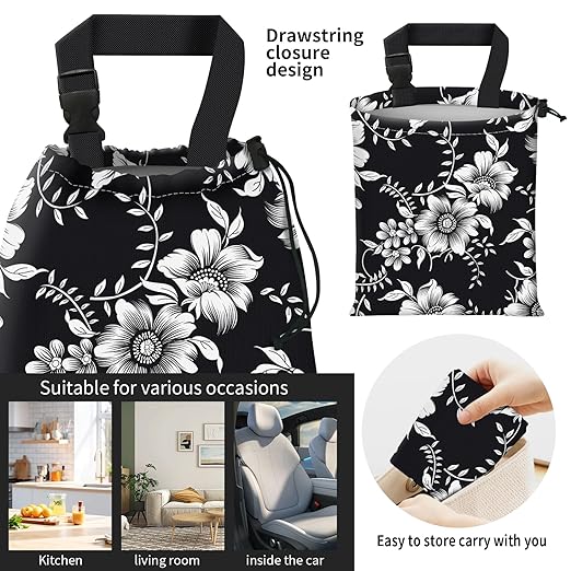 Car Trash Bag Large Hanging Can for Back of Seat, Cute Waterproof Car Garbage Bag for Vehicle, Travelling, Outdoor Beautiful Black White Floral