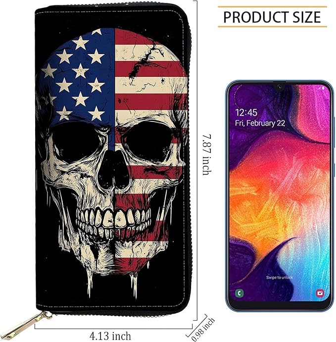 RFID Blocking Leather Wallet for Women – Large Capacity Zip Around Clutch with 8 Card Slots,39 Cash Pockets & Coin Zipper,Skull American Flag