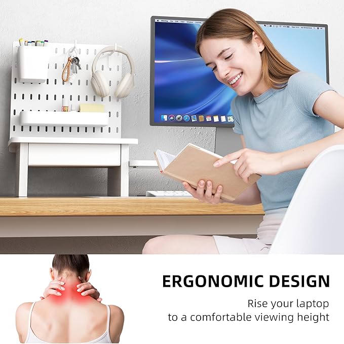 Pegboard Monitor Stand Riser,Computer Monitor Stand with 2 Hooks Cable Management Desk Organizer and Drawer for Laptop,PC,Computer,Printer,White