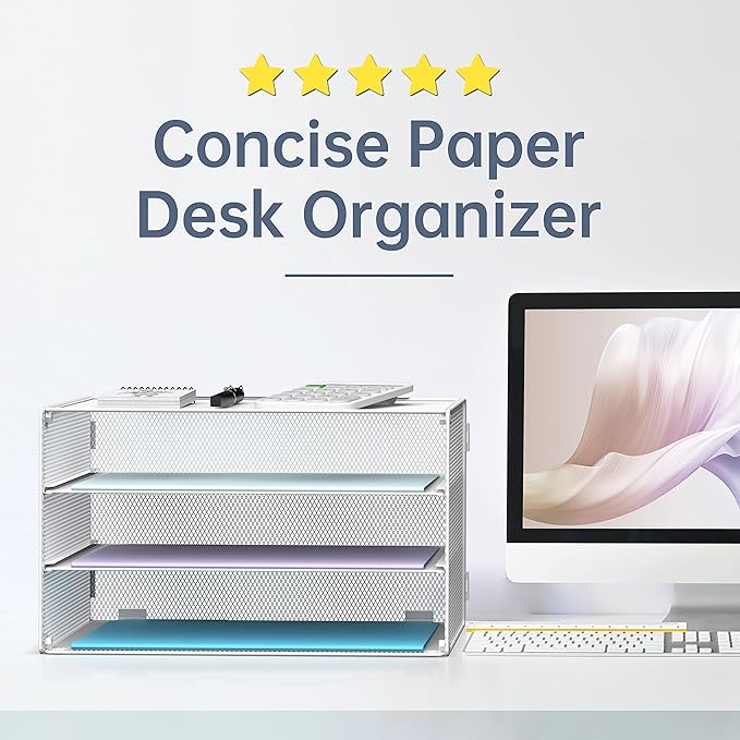 DALTACK 3 Tier Letter Tray Paper Organizer for Desk, Mesh Metal Desk File Organizer with Sliding Trays for Letter/A4 Paper, Mail, Bills & Folders, White
