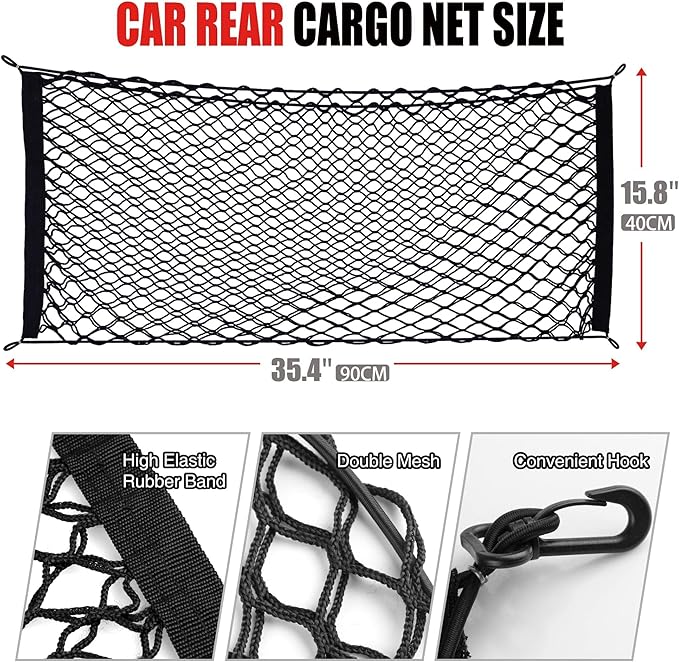 AWELCRAFT Car Rear Cargo Net, Adjustable Elastic Storage Organizer Net, Trunk Cargo Storage Net, Universal Fit for Car, Vehicle, SUV