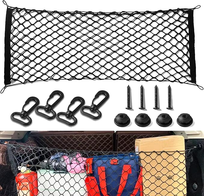 Car Rear Cargo Net, Trunk Cargo Storage Net with Hooks, Cargo Storage Elastic Mesh Net Organizer Car Interior Accessories Universal Fit for Cars, Trucks, SUVs (43.3 "x15.74)