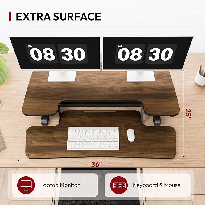 SANODESK 36" Standing Desk Converter, Smooth Mechanical Spring Effortless Lift Sit-Stand Riser for Dual Monitors, Heavy Duty Workstation with Keyboard Tray, Walnut