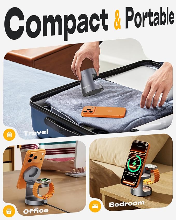 3 in 1 Charging Station Compatible with MagSafe Charger, Qi2.2 25W Magnetic Wireless Charger with Night Light, Foldable Charging Stand for iPhone 17/16/15/14/13/12, Apple Watch, AirPods (45W Adapter)