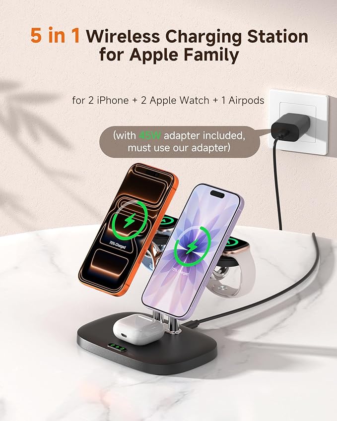 Magnetic 5-in-1 Wireless Charging Stand, Dual Phone & Dual Apple Watch Charger, 5W for Apple Watch Fast Charging Station, Compatible with iPhone 17-12, for Apple Watch Ultra/11-7, SwanScout 902M