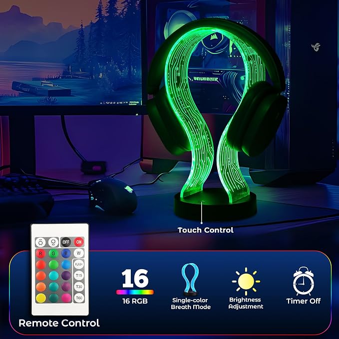 Lampeez Light Up Headphone Stand, Acrylic Desk Accessory Headset Holder with PCB Pattern and 16 Color LED Lights, 1 USB and 1 Type-C Charging Ports, for Gamers Music Lovers Boys Men