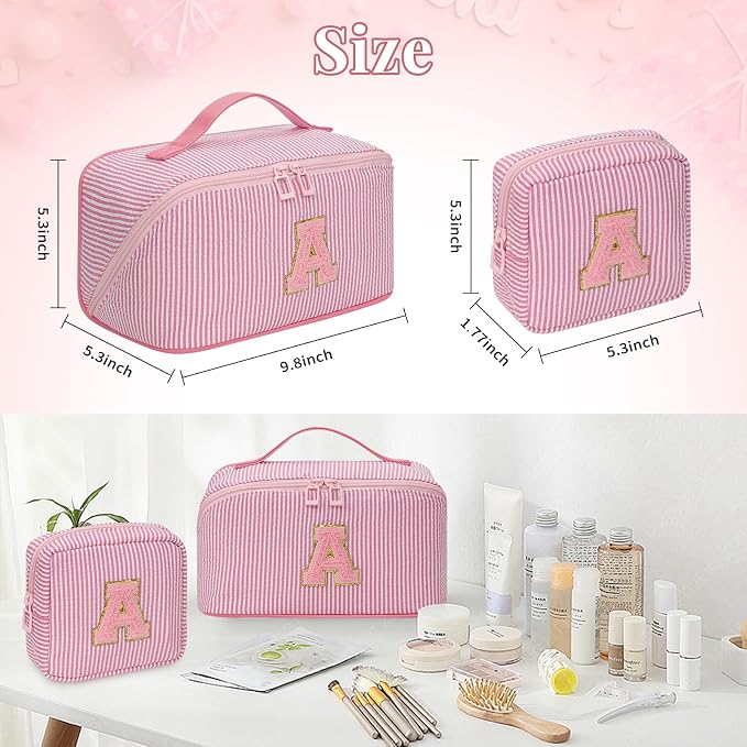 2026 Graduation Gifts - Travel Makeup Bag for Women, 2Pcs Portable Personalized Initial Makeup Organizer Bag, Open Flat Large Cosmetic Bag With Travel Essential Pouch (Pink Letter E)