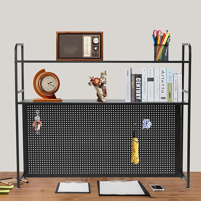 Desk Hutch Shelf 2 Tier Countertop Desktop Bookshelf with Pegboard, Metal Desk Top Bookcase for Computer Desk, Desk Storage Organizer Rack for Dorm Office Home Bedroom(Black, 115cm/45.3in)