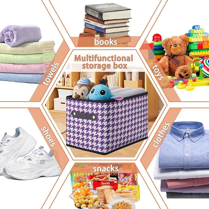 3 Pack Large Collapsible Storage Baskets for Shelves,14.9"x9.5" Fabric Closet storage Boxes with Leather Handles,Decorative Organizers Storage Bins for Clothes,Sheets,Books,(Purple Houndstooth