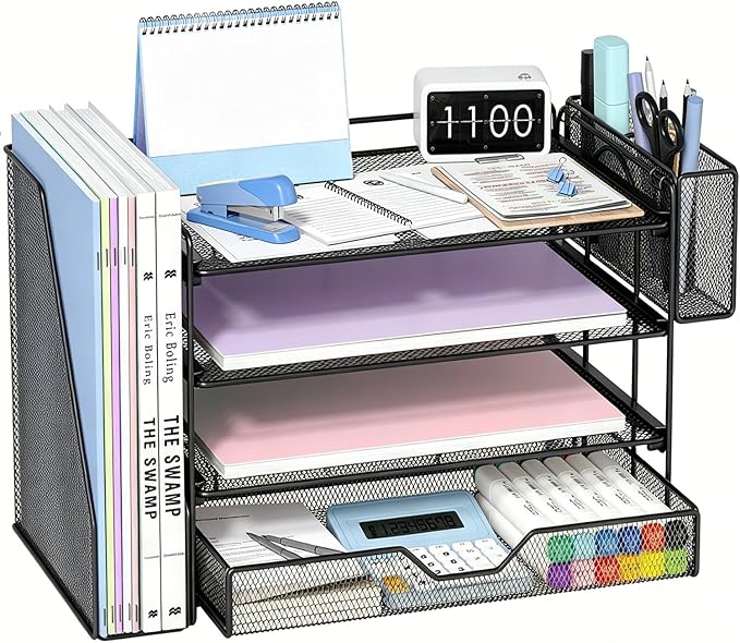 OPNICE Desk Organizers and Accessories, 4-Tier Workspace Desktop File Organizer with Drawer & Pen Holder, Paper Tray Organizer with File Holder, Office Desk Accessories for Home Office Supplies, Black