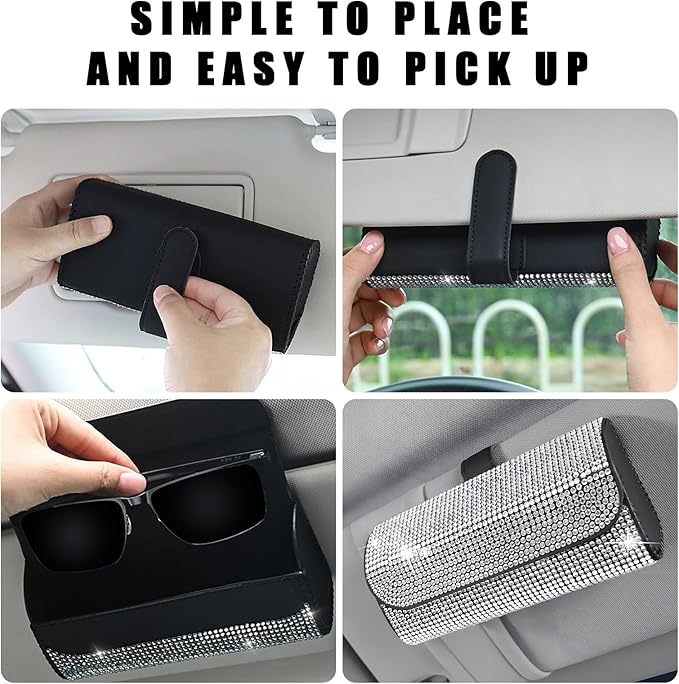 Ohleats Bling Sunglasses Holder for Sun Visor, Sparkling Glasses Sun Visor Organizer Case with Hidden Magnetic Closure, Auto Visor Crystal Eyeglasses Storage Case, Car Accessories (Bling Black)