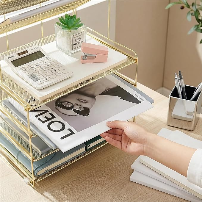 OPNICE Desk Organizer, 6-Tier Letter Tray Paper Organizer, Desktop File Organizer, Office Desk Accessories & Office Decor for Women, Workspace Organizer for Office Supplies(Gold)