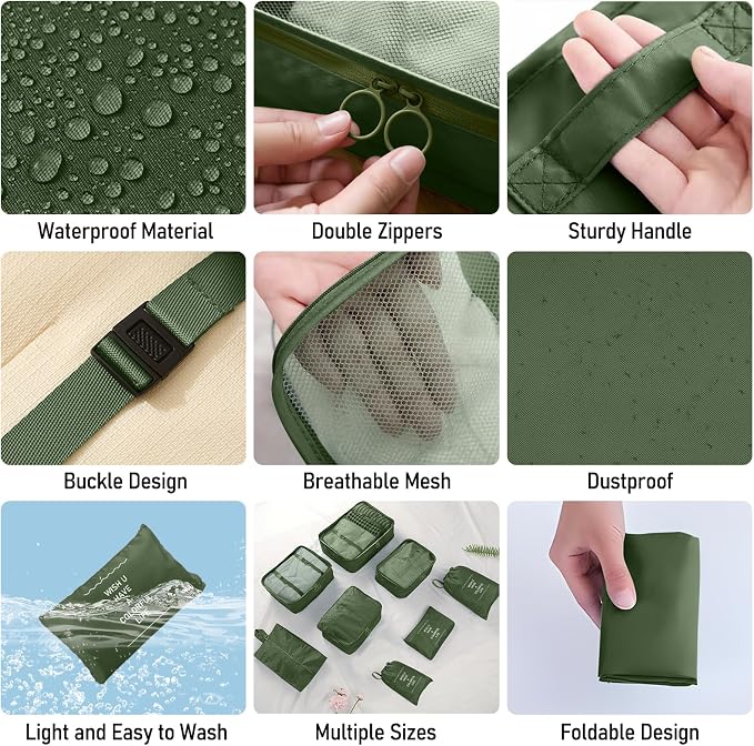 Packing Cubes for Travel- 8 Set Luggage Organizer Bags for Family, Mesh Breathable Travel Packing Cubes for Suitcases Durable Travel Essentials Bags Set (Deep Green, 8 Set)