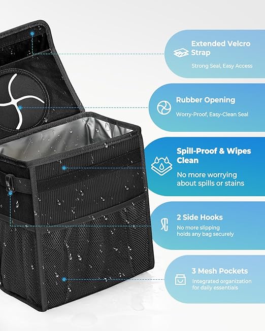 Corduroy Car Trash Can with Lid and Mesh Pockets - Leakproof Organizer,Multipurpose Waterproof Garbage Can/Trash Bin for Car(Black-2 Gallons)