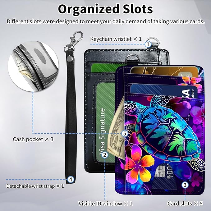 Slim Minimalist Front Pocket Wallet,Credit Card Holder Wallet for Women Men,RFID Blocking Credit Card Holder Case Leather Cute Small Thin Wallet ID Window&Wrist Strap,Glitter Sea Turtle