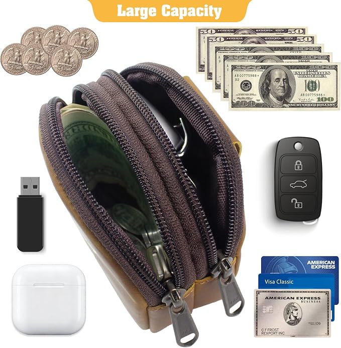 Jack&Chris Coin Purse for Men, Genuine Leather Mini Coin Wallet Zipper Pocket with Back Belt Loop, Coin Bag for Men and Women