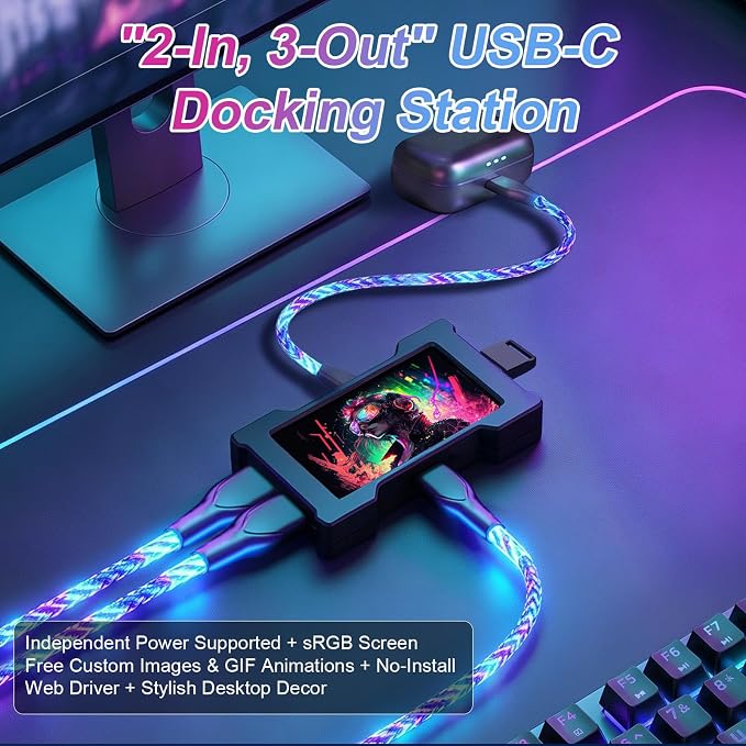USB C Hub Docking Station with 1.9”IPS Smart Display, Power Monitor Screen | Aluminum Alloy Mini Desktop Dock, 2-In 3-Out 8K Usbc Splitter, DIY GIF Digital Photo Frame for Gaming & Desk Setup, Black