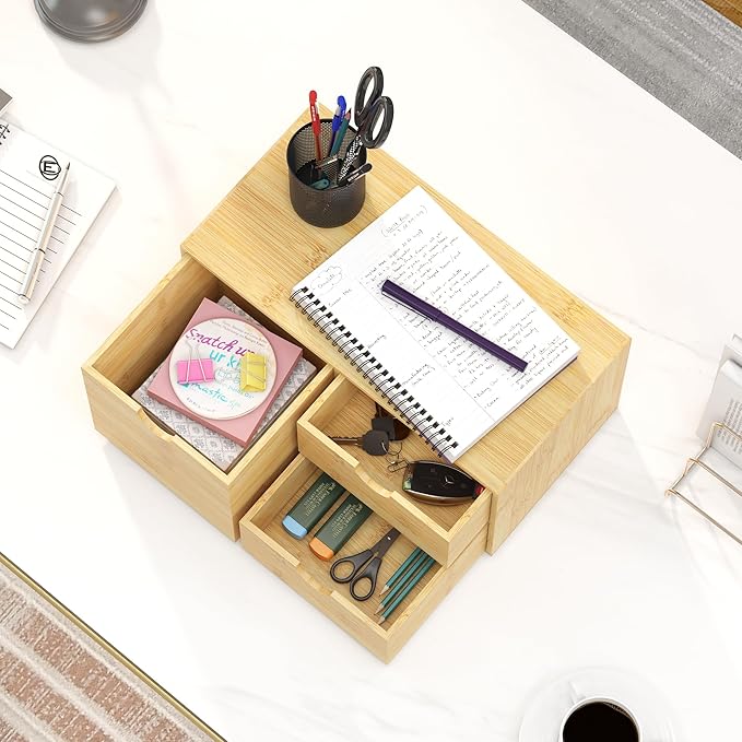 Wisuce Desk Organizer with Drawers - Bamboo Desktop Organizer Storage | White-Natural Wood Desk Drawers Organizer for Bills, Office Supplies, Cosmetics, Seals No Assembly Required(3 drawers edge-free)