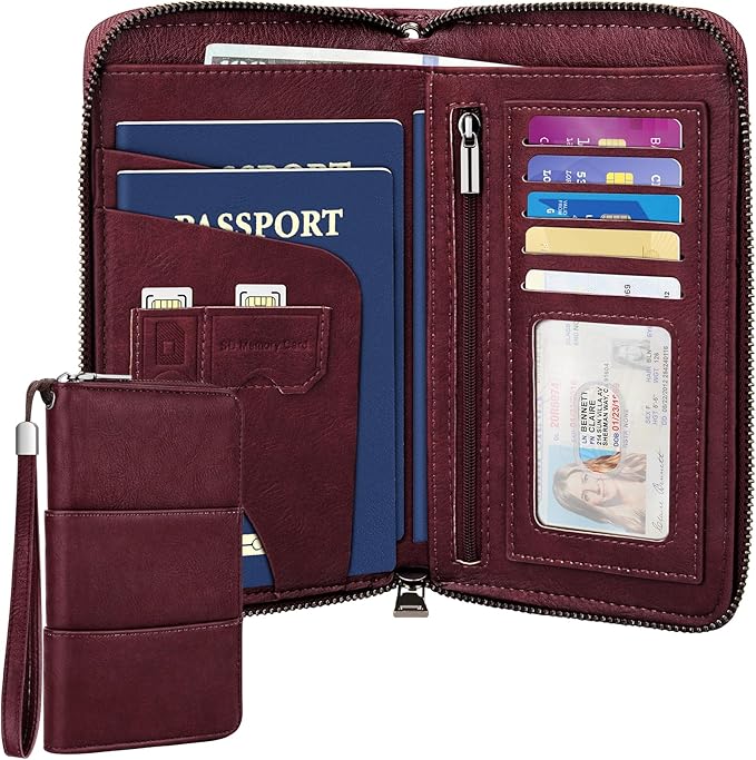 Family Passport Holder Wallet with Zipper, RFID Blocking Travel Document Organizer, PU Leather Passport Wallet for Women Men, Passport Cover Travel Wallet for Boarding Pass, ID, Money, Ticket
