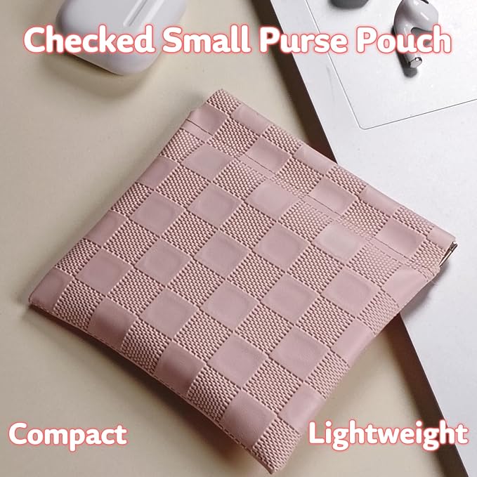 6 Pack 2 Sizes Small Makeup Bag for Purse, Checkered Snap Closure Pouches for Purse, PU Leather Coin Purse for Women, Mini Travel Organizer for Cosmetics Sunglasses Cash Lip Gloss Lipstick