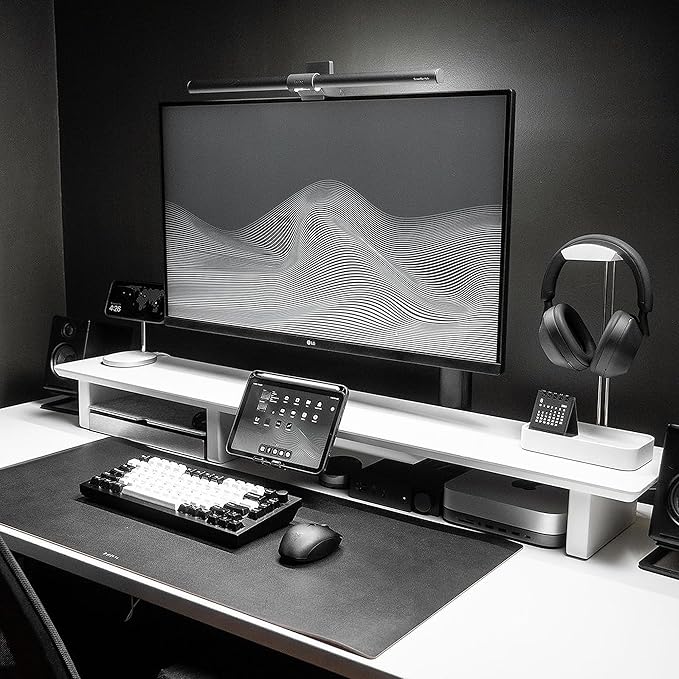 Raico Desk Cockpit Shelf Monitor Stand System Dual Screen Setup Wood Large Desk Accessory Organizer Unit (Matte White, Full Length v2 | 45.7 Inches)