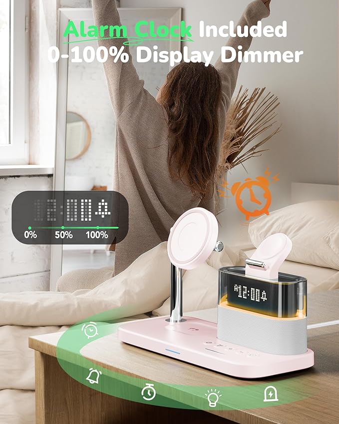 5 in 1 Wireless Charging Station,Alarm Clock with Night Light Magnetic Multiple Charger for iPhone 17/16/15/14/13/12 Pro Max,Apple Watch Series Air-Pods,Bedroom Charging Stand