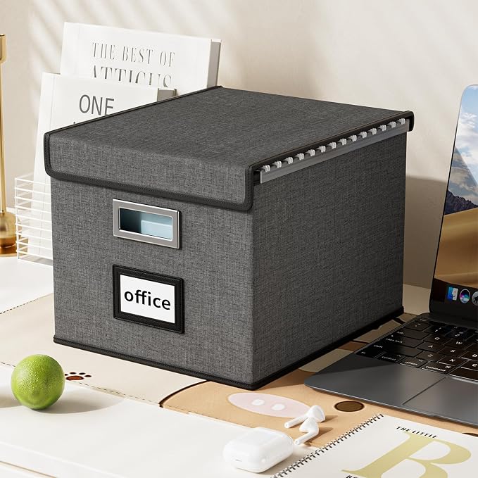 File Organizer Box with Lid, Collapsible File Folder Organizer for Office Document Storage, Filing Box with Plastic Slide for Letter Size Hanging File Folders(1 Pack, Dark Grey)