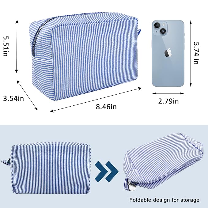 GFU Makeup Bag for Women, Cute Cosmetic Bag, Lightweight Toiletry Make up Bag, Large Seersucker Aesthetic Organizer Storage Pouch for Girls, Women and Moms Gifts, Blue