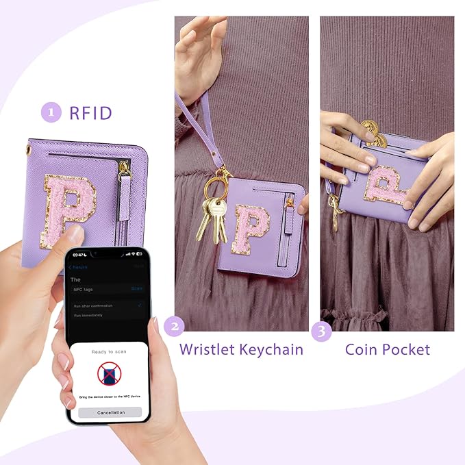 COSHAYSOO Preppy Wallet Gifts for Teen Girls Women Small Wallet RFID Bifold PU Leather Christmas Valentines Easter Mothers Fathers Day Nurse Appreciation Graduation Gifts Chenille Letter P Purple