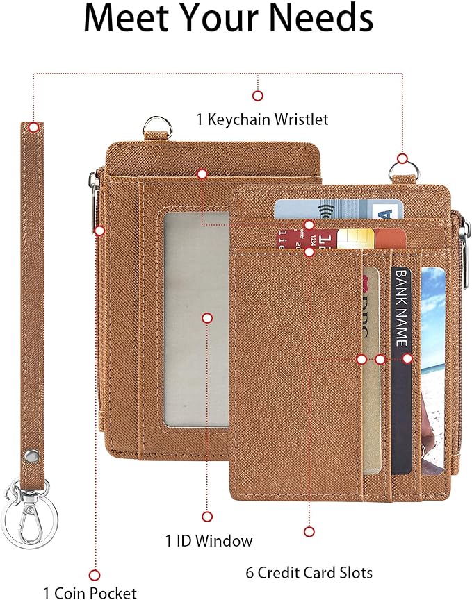 SEAVILIA Small Wallet for Women Slim Wristlet Keychain Wallets RFID Credit Card Holder With Zipper Pocket, ID Window (Brown)